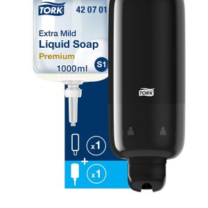 Tork Distributeur Mural de Savon Liquide S1/S11 - Système de Distribution Économique et Anti-Fuites, Noir + Recharge de Savon Liquide Extra Doux